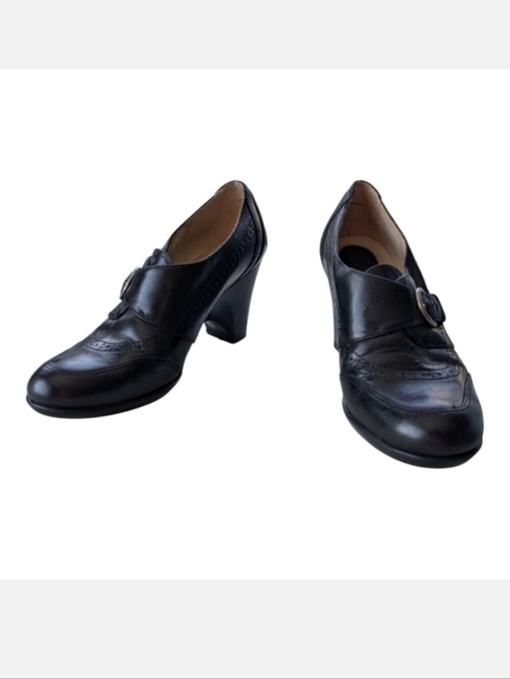 Naturalizer Black Leather Heeled Loafers Shoes Buckles Decorative Stitching 7W
